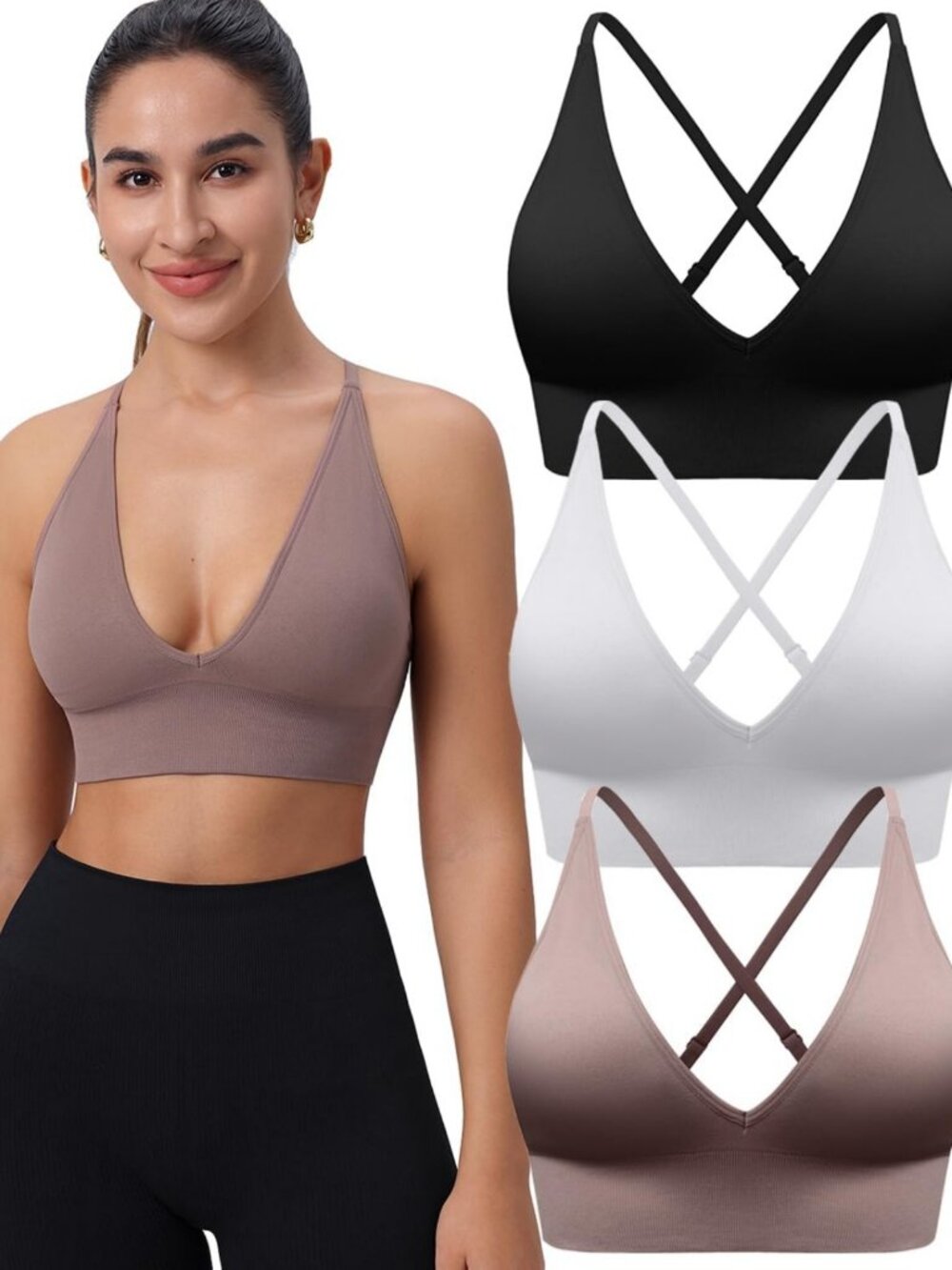 Seamless Wireless Padded V Neck Sports Bras for Women - Adjustable Comfort